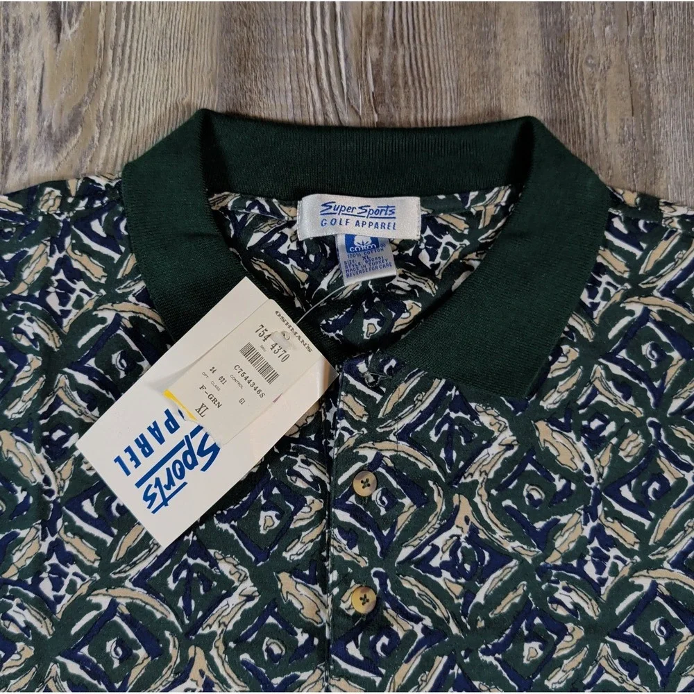 NOS Vintage Super Sports Golf Apparel Geometric Polo Shirt Green Men's XL NWT